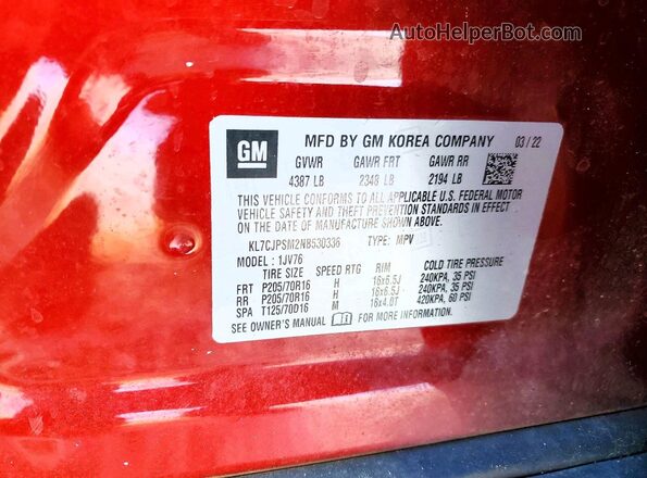 KL7CJPSM2NB530336 2022 CHEVROLET TRAX Красный Вид наклейки с VIN-кодом