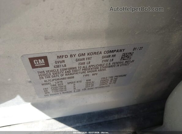 KL7CJPSM4NB518608 2022 CHEVROLET TRAX Silver Вид підкапотного простору