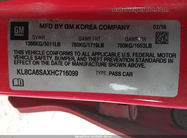 KL8CA6SAXHC716099 2017 CHEVROLET SPARK Красный Вид подкапотного пространства