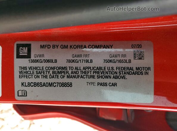 KL8CB6SA0MC708858 2021 CHEVROLET SPARK Red 