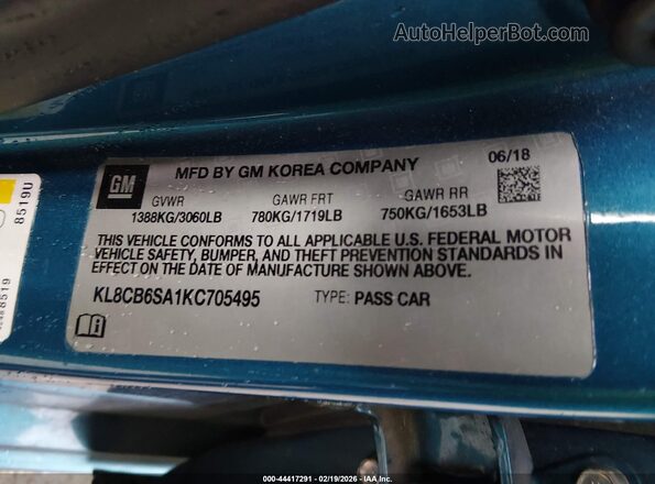 KL8CB6SA1KC705495 2019 CHEVROLET SPARK Turquoise 