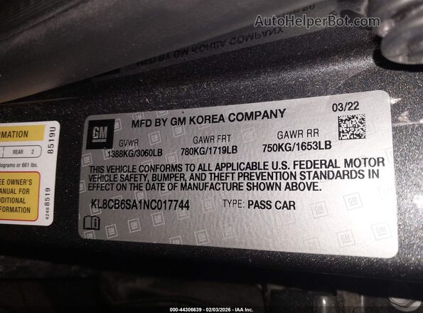 KL8CB6SA1NC017744 2022 CHEVROLET SPARK Черный 