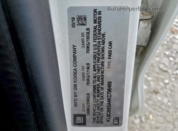 KL8CB6SA4KC796469 2019 CHEVROLET SPARK White Вид наклейки з VIN-кодом