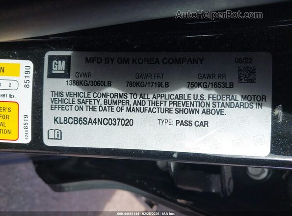 KL8CB6SA4NC037020 2022 CHEVROLET SPARK Black 