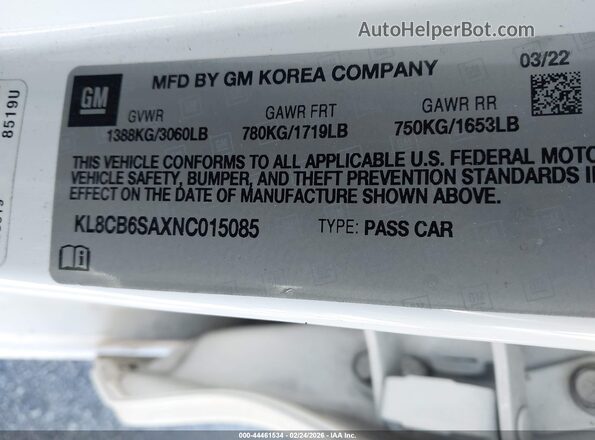 KL8CB6SAXNC015085 2022 CHEVROLET SPARK White ძრავის განყოფილების ხედი