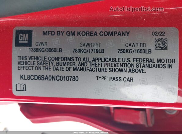 KL8CD6SA0NC010780 2022 CHEVROLET SPARK Red ძრავის განყოფილების ხედი