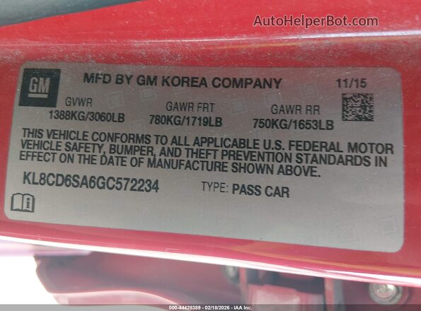 KL8CD6SA6GC572234 2016 CHEVROLET SPARK Red Вид підкапотного простору