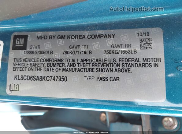 KL8CD6SA8KC747950 2019 CHEVROLET SPARK Blue Vista del compartimento del motor
