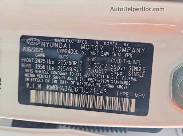 KM8HA3AB6TU371643 2026 HYUNDAI KONA White VIN կոդի պիտակի տեսք
