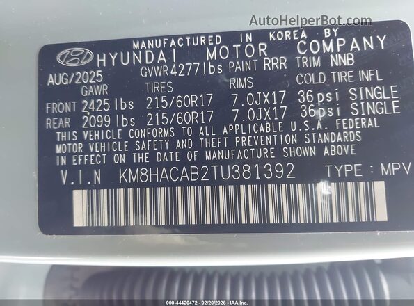 KM8HACAB2TU381392 2026 HYUNDAI KONA Green Vista del compartimento del motor
