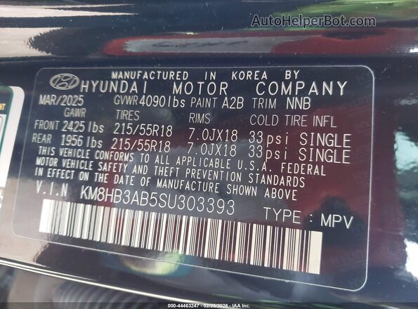 KM8HB3AB5SU303393 2025 HYUNDAI KONA Black Вид підкапотного простору