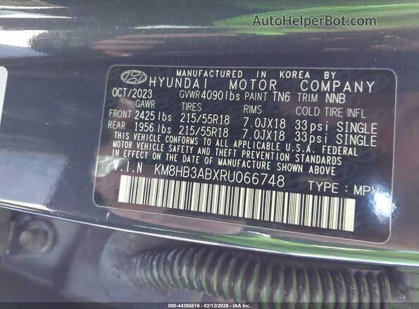 KM8HB3ABXRU066748 2024 HYUNDAI KONA Gray Вид підкапотного простору