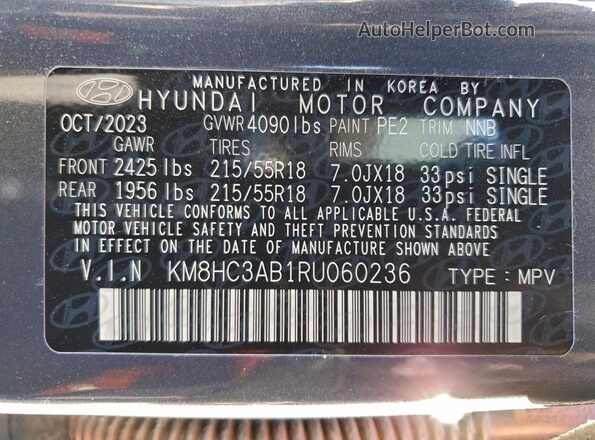 KM8HC3AB1RU060236 2024 HYUNDAI KONA Gray Vista de la etiqueta del VIN