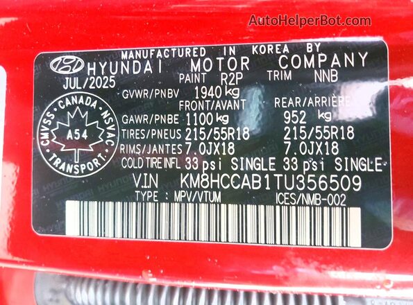 KM8HCCAB1TU356509 2026 HYUNDAI KONA Red VIN კოდის სტიკერის ხედი