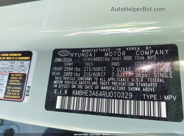 KM8HE3A64RU010329 2024 HYUNDAI KONA ELECTRIC Light Blue 