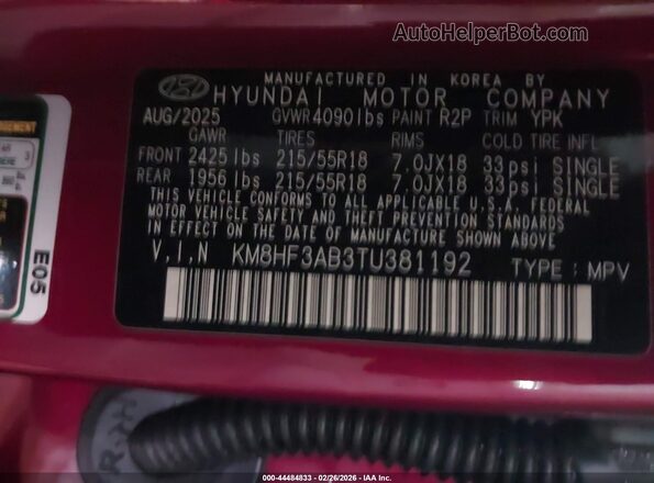 KM8HF3AB3TU381192 2026 HYUNDAI KONA Red Widok komory silnika