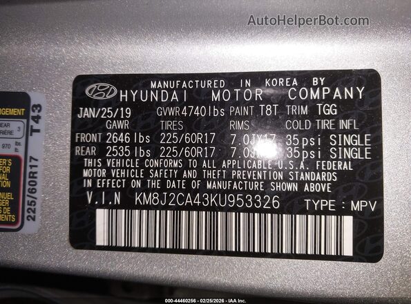 KM8J2CA43KU953326 2019 HYUNDAI TUCSON Серебряный 