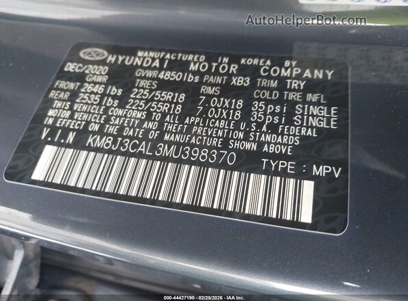 KM8J3CAL3MU398370 2021 HYUNDAI TUCSON Blue Engine compartment view