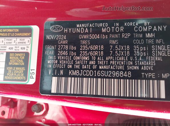 KM8JCDD16SU296848 2025 HYUNDAI TUCSON HYBRID Red Widok komory silnika