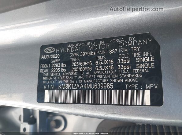 KM8K12AA4MU639985 2021 HYUNDAI KONA Gray 