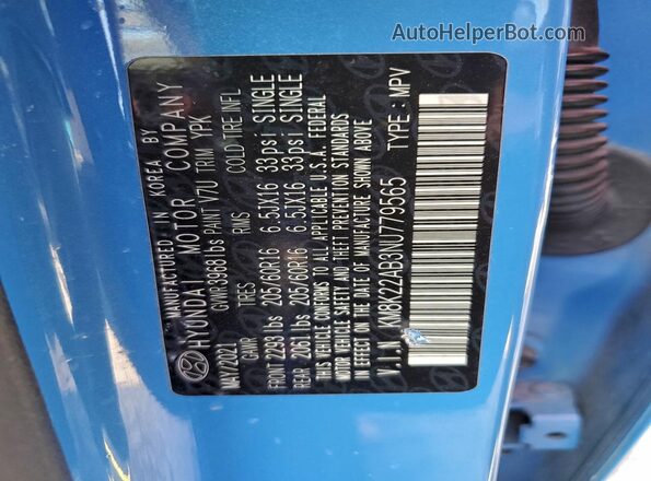 KM8K22AB3NU779565 2022 HYUNDAI KONA Blue Widok naklejki z numerem VIN
