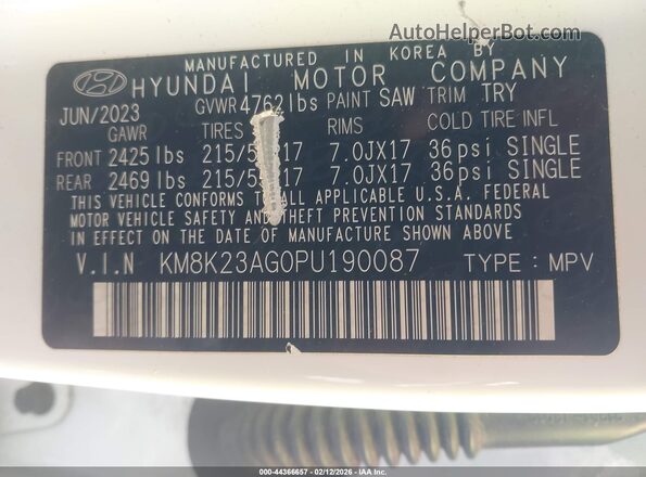 KM8K23AG0PU190087 2023 HYUNDAI KONA ELECTRIC White 