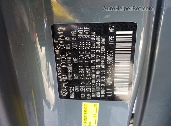 KM8K32AB2NU898902 2022 HYUNDAI KONA Blue Widok naklejki z numerem VIN