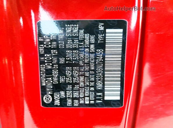 KM8K33A36NU794458 2022 HYUNDAI KONA Red Շարժիչի բաժամունքի տեսք