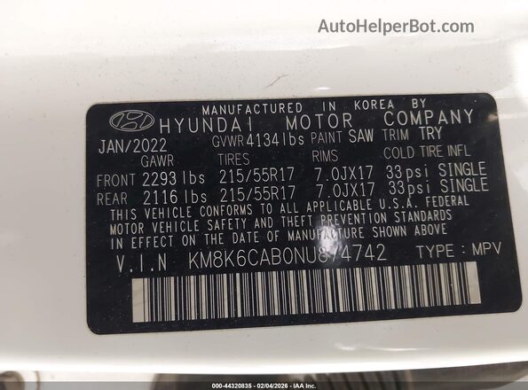 KM8K6CAB0NU874742 2022 HYUNDAI KONA White 