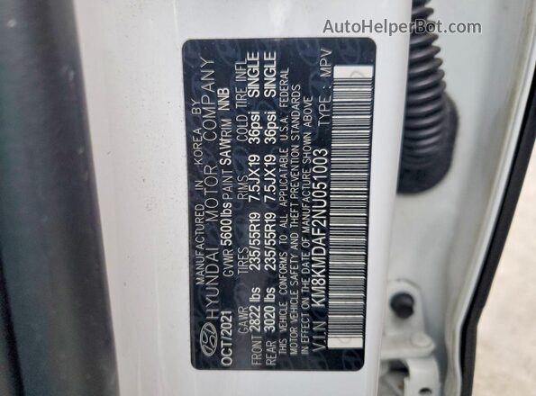KM8KMDAF2NU051003 2022 HYUNDAI IONIQ White Widok naklejki z numerem VIN