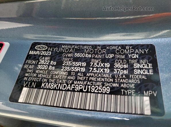 KM8KNDAF9PU192599 2023 HYUNDAI IONIQ Blue Widok naklejki z numerem VIN