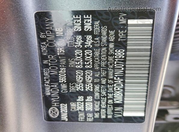 KM8KRDAF1NU071986 2022 HYUNDAI IONIQ Gray Vista de la etiqueta del VIN