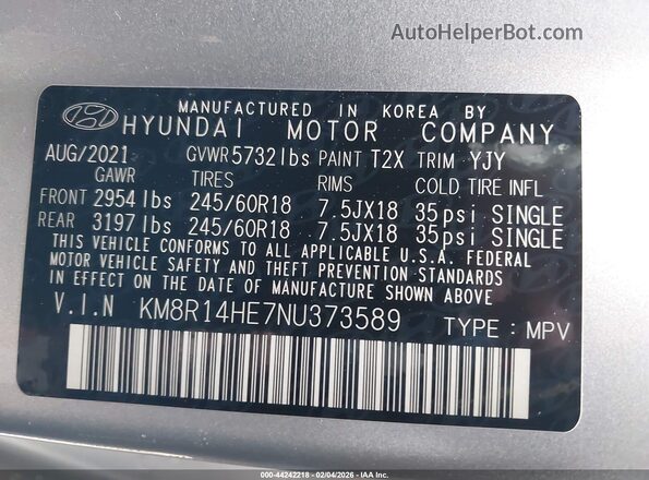 KM8R14HE7NU373589 2022 HYUNDAI PALISADE Gray 