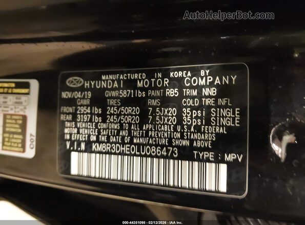 KM8R3DHE0LU086473 2020 HYUNDAI PALISADE Черный Вид подкапотного пространства