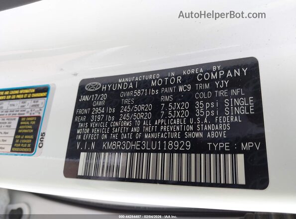 KM8R3DHE3LU118929 2020 HYUNDAI PALISADE Белый Вид подкапотного пространства