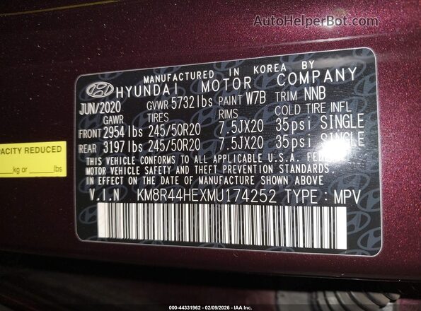 KM8R44HEXMU174252 2021 HYUNDAI PALISADE Burgundy Вид підкапотного простору