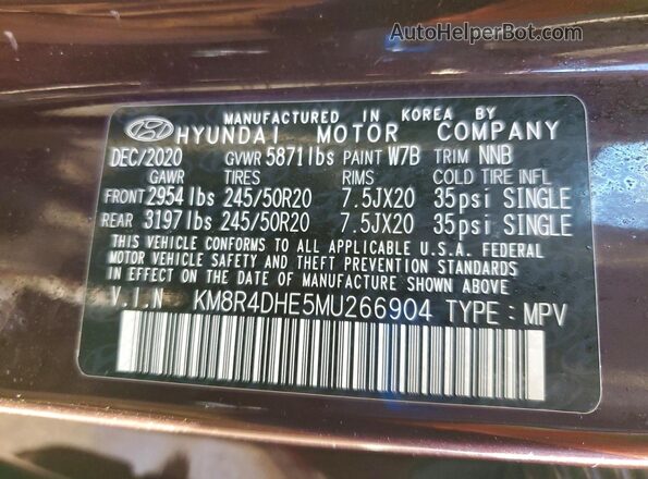 KM8R4DHE5MU266904 2021 HYUNDAI PALISADE Burgundy VIN կոդի պիտակի տեսք