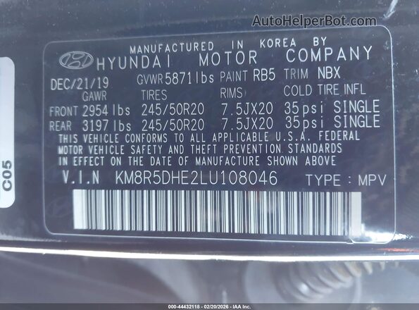 KM8R5DHE2LU108046 2020 HYUNDAI PALISADE Black Engine compartment view