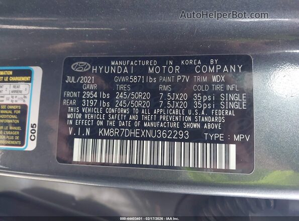 KM8R7DHEXNU362293 2022 HYUNDAI PALISADE Gray Widok komory silnika