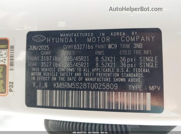 KM8RM5S28TU025809 2026 HYUNDAI PALISADE White 