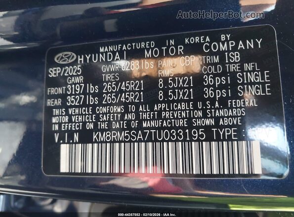 KM8RM5SA7TU033195 2026 HYUNDAI PALISADE HEV Dark Blue 