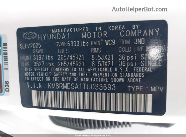 KM8RMESA1TU033693 2026 HYUNDAI PALISADE HEV Белый 