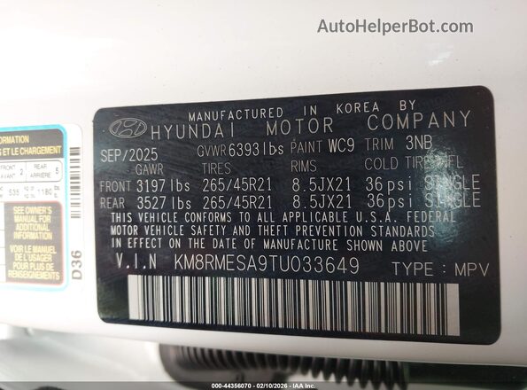 KM8RMESA9TU033649 2026 HYUNDAI PALISADE HEV Белый 