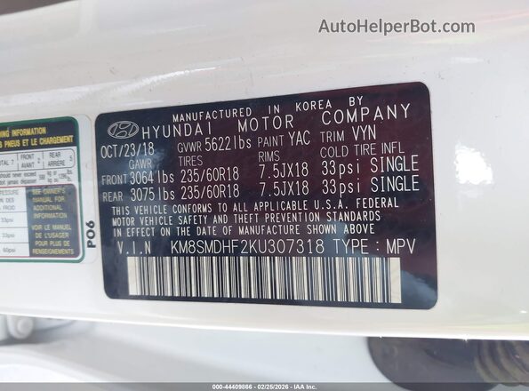 KM8SMDHF2KU307318 2019 HYUNDAI SANTA FE XL White ძრავის განყოფილების ხედი