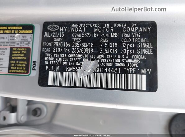 KM8SMDHF9GU144481 2016 HYUNDAI SANTA FE Silver Vista del compartimento del motor