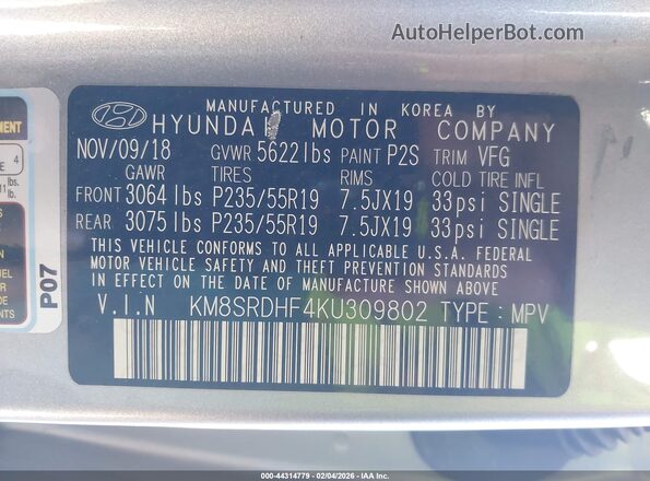 KM8SRDHF4KU309802 2019 HYUNDAI SANTA FE XL Silver Вид підкапотного простору