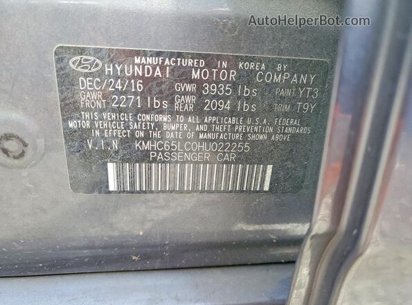 KMHC65LC0HU022255 2017 HYUNDAI IONIQ Gray Vista de la etiqueta del VIN