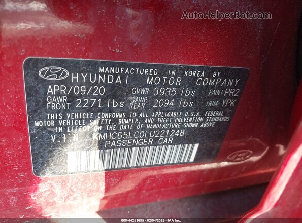 KMHC65LC0LU221248 2020 HYUNDAI IONIQ HYBRID Red ძრავის განყოფილების ხედი