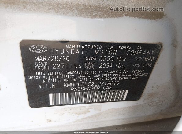 KMHC65LC2LU219016 2020 HYUNDAI IONIQ HYBRID White Вид підкапотного простору