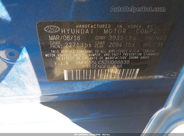 KMHC65LC5JU088838 2018 HYUNDAI IONIQ HYBRID Blue 